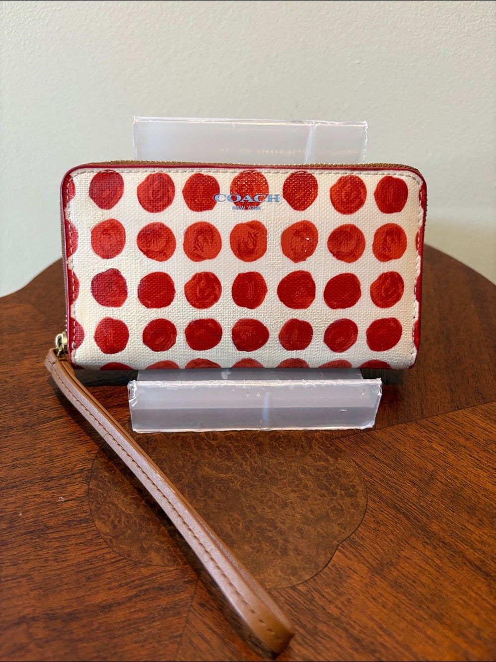 COACH wristlet Cream /Red Polka Dots Zip wallet Brown wristlet strap